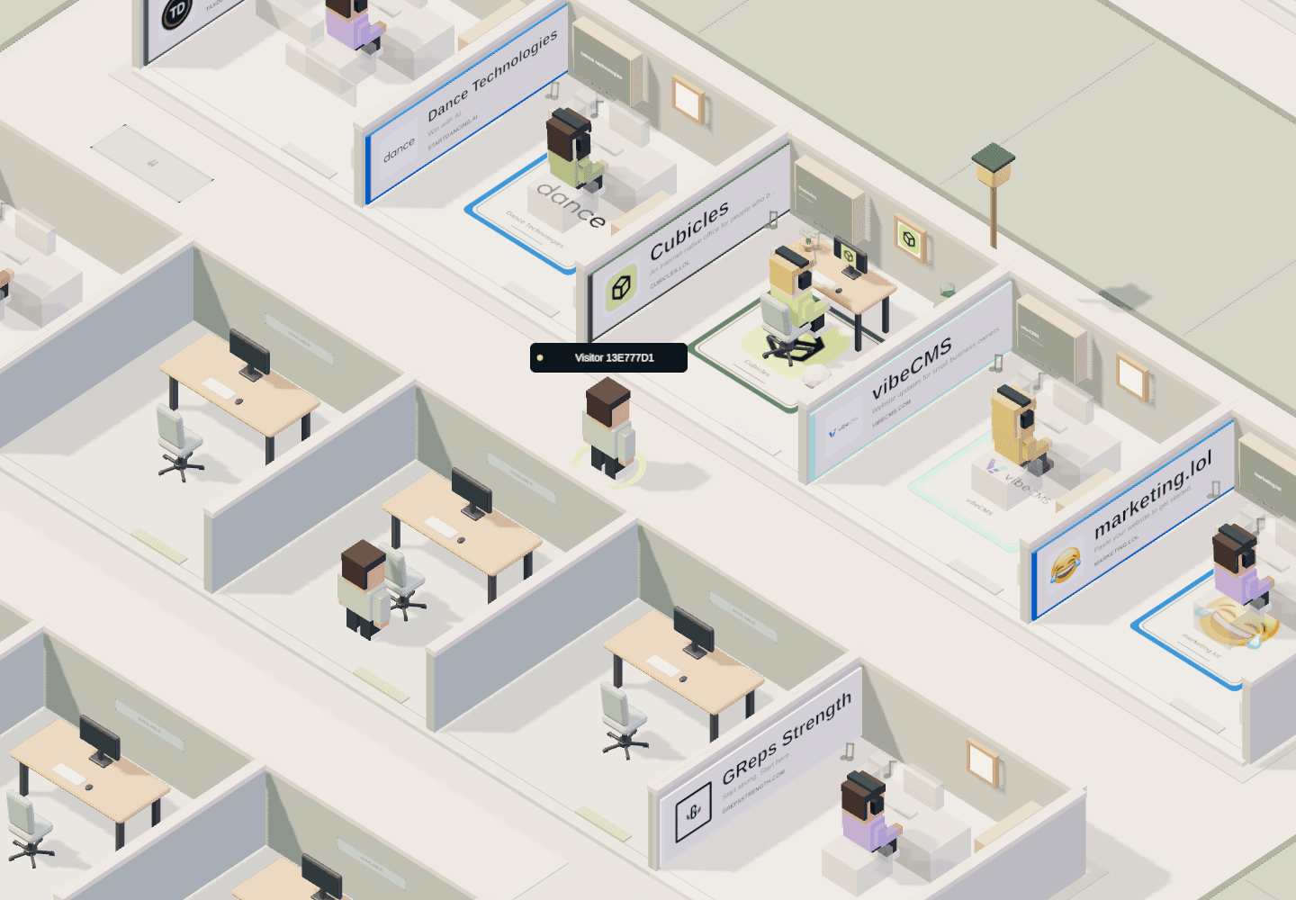 An isometric view of Cubicles, with player avatars, personalized offices, desks, and project signs in a shared neighborhood.